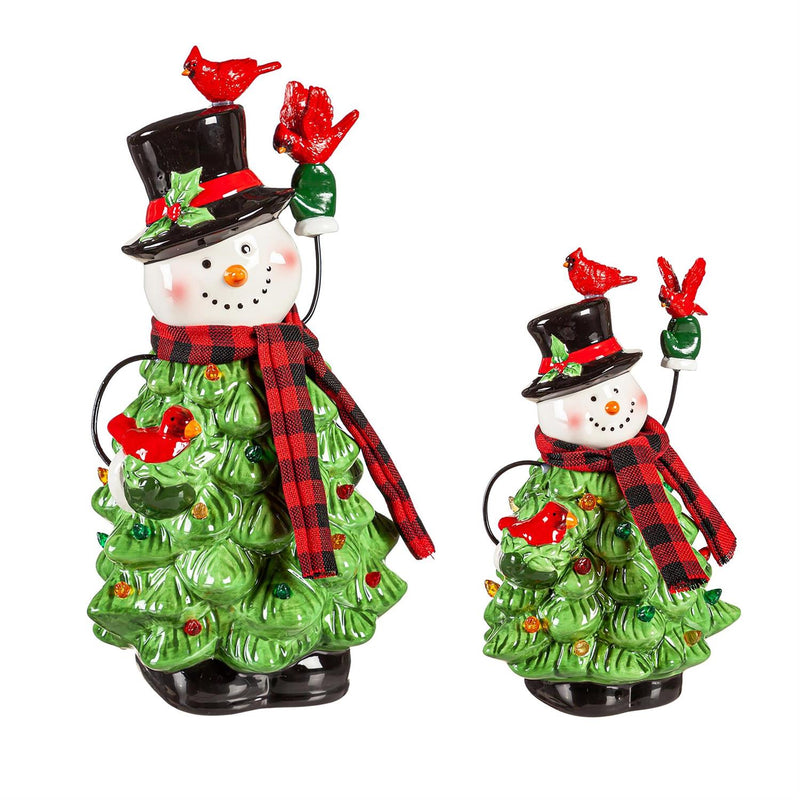 LED Ceramic Snowman with Christmas Tree Body & Cardinals Table Decor, Set of 2