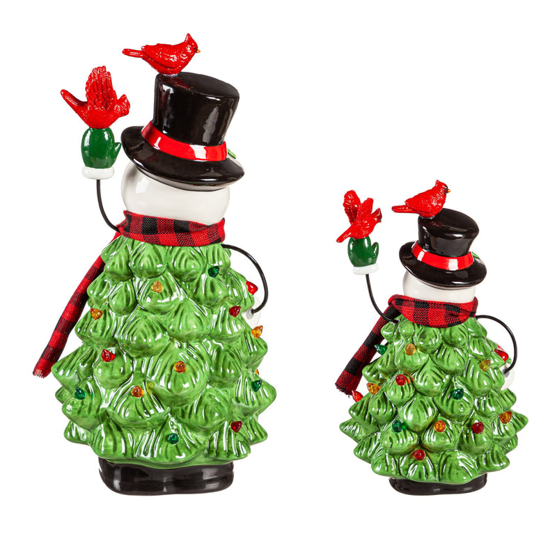LED Ceramic Snowman with Christmas Tree Body & Cardinals Table Decor, Set of 2,8tal051