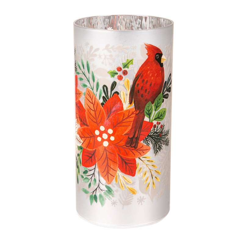 8" LED Hand Painted Lasercut Glass Table Decor with Cardinal and Poinsettia design,8tal133