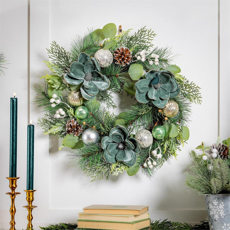 Shades of Green Wreath Artificial with Ornaments,  20"H