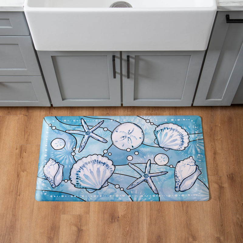 Blue Coastal Shells Anti-Fatigue Mat, Sea Illustration, 30"x18"