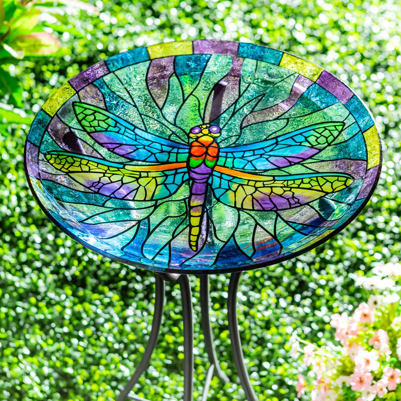 Pollinator Garden Birdbath, Stained Glass Dragonfly Birdbath, 18"
