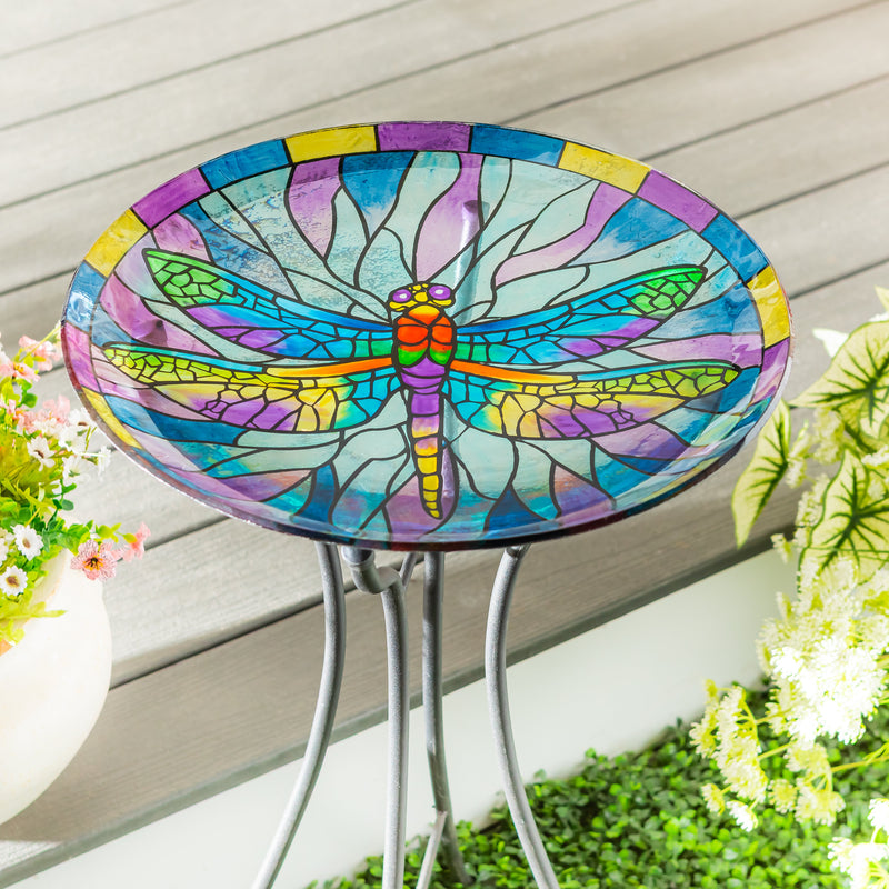Pollinator Garden Birdbath, Stained Glass Dragonfly Birdbath, 18"