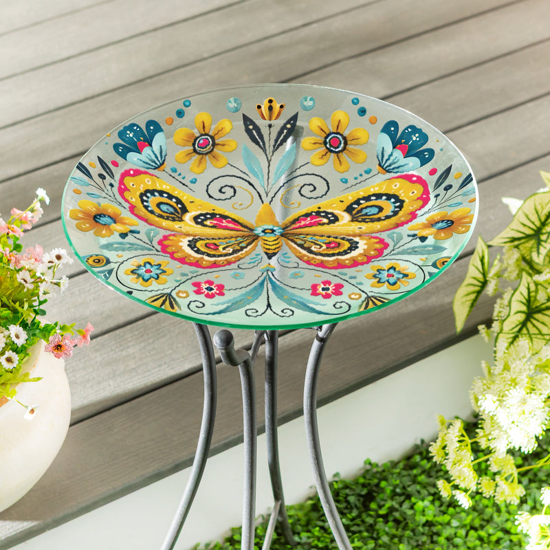 Pollinator Garden Birdbath, Glass Folk Art Butterfly, 18"