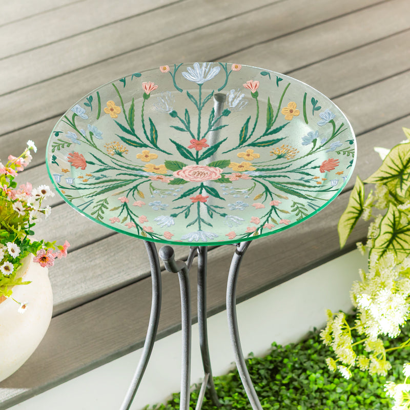 What She Shed Birdbath, Glass Folk Art Floral, 18"