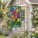 Stained-Glass Tulips Burlap Flag House