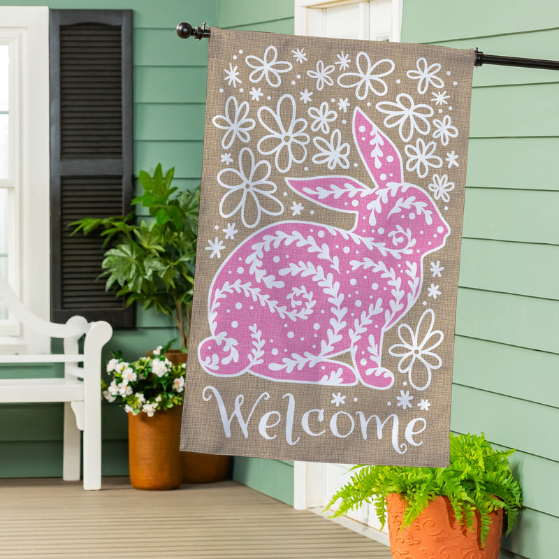 Welcome Leaf Pattern Bunny Burlap House Flag