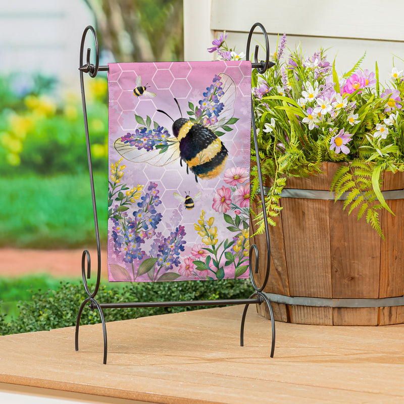 Pollinator Garden Pink Florals Bee Burlap Garden Flag