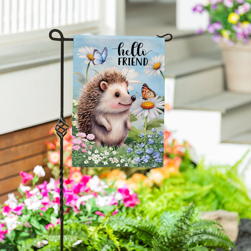 Hedgehog & Daisies Burlap Garden Flag