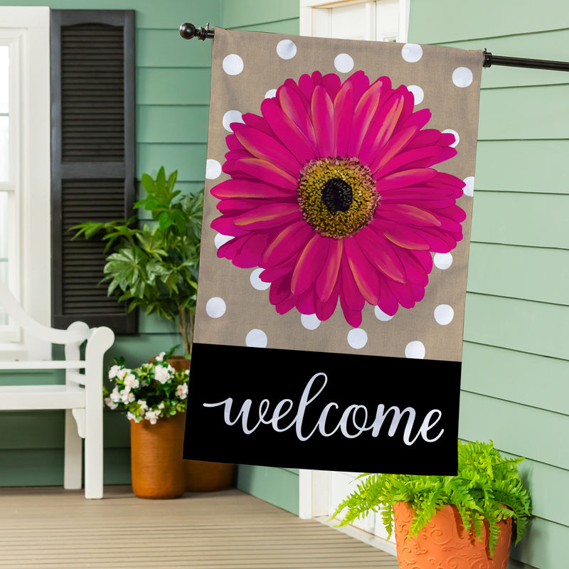 Pink Gerbera Dots Burlap House Flag