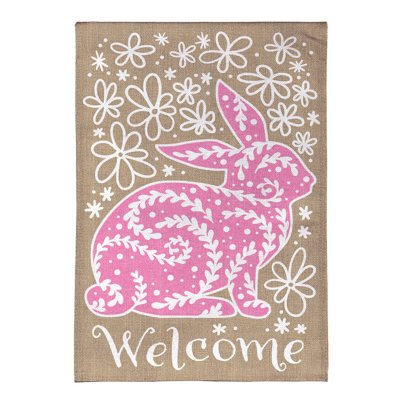 Welcome Leaf Pattern Bunny Burlap Garden Flag