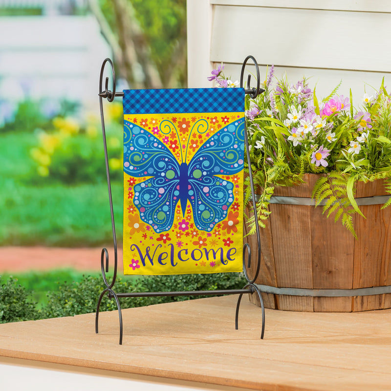 Welcome Mosaic Blue Butterfly Burlap Garden Flag