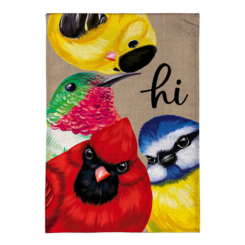 Portly Birds Peeping Burlap House Flag