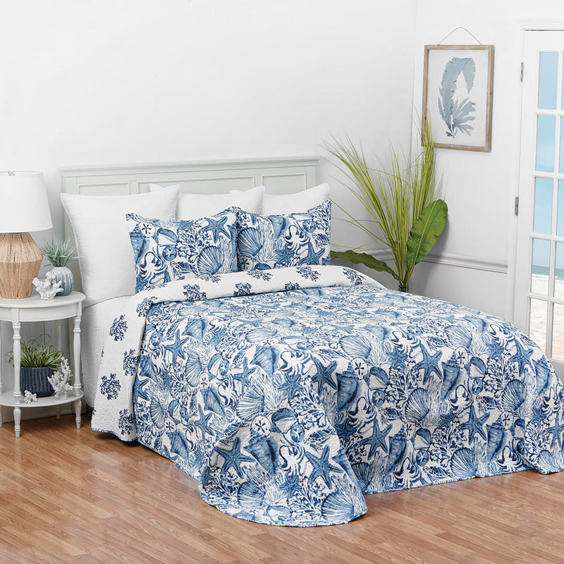 Blue Coast Shells Queen Bedspread