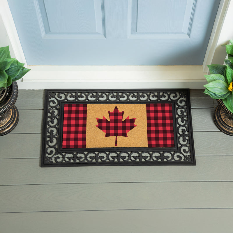 Canada Strong Maple Leaf Flocked Coir Sassafras Switch Mat, Buffalo Check, 22"x10"