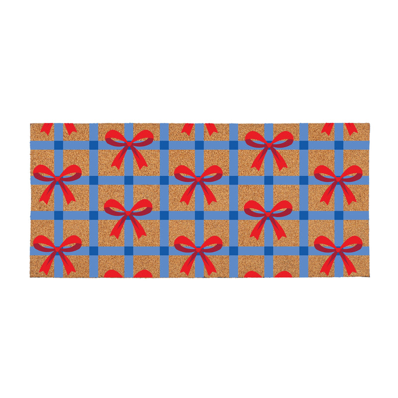 American Classic Red White & Bows Flocked Coir Sassafras Switch Mat, Patriotic Plaid, 22"x10"