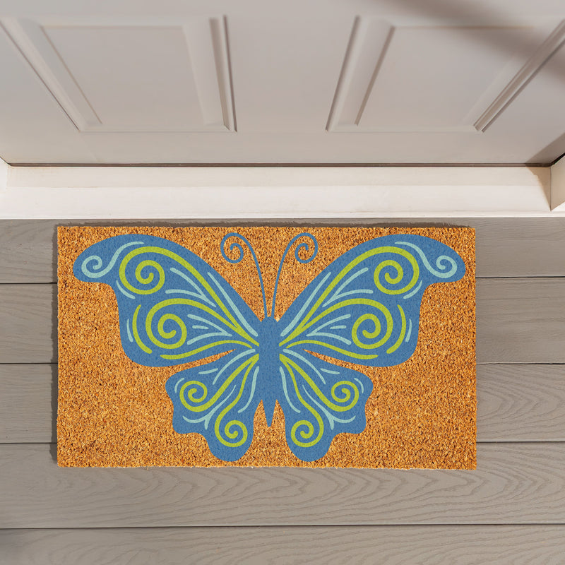 Welcome Mosaic Blue Butterfly Coir Mat