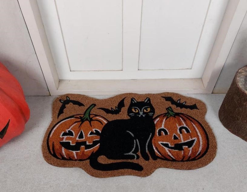 Black Cat & Pumpkins Shaped Coir Mat