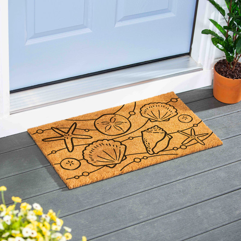 Blue Coastal Shells Coir Mat, Sea Illustration, 28"x16"