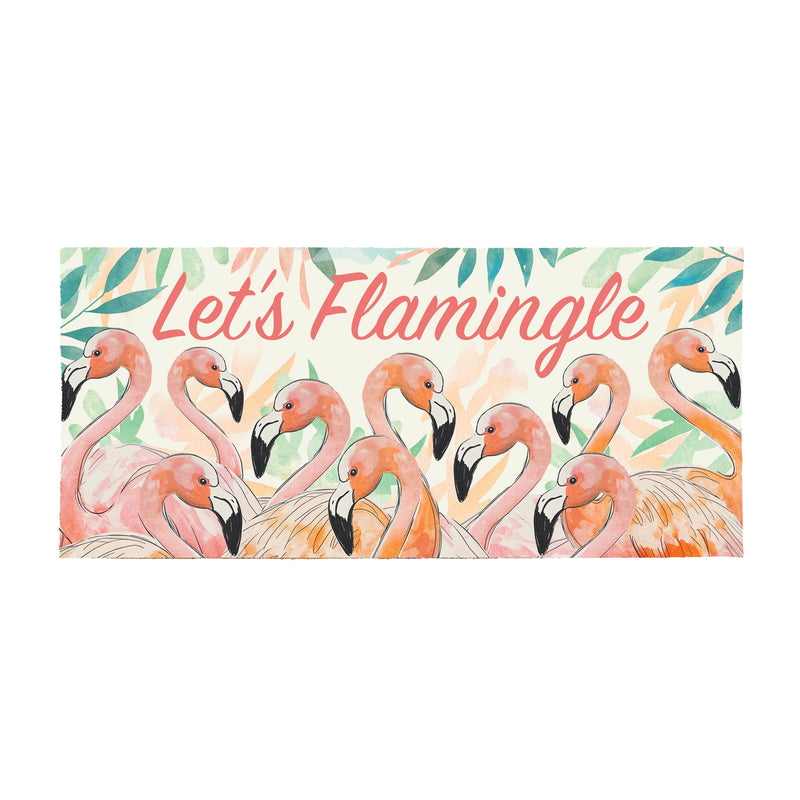 Palm Beach Flamingo Flocked Coir Sassafras Switch Mat, "Let's Flamingle", 22"x10"