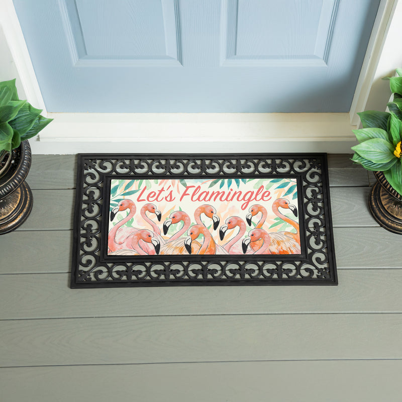Palm Beach Flamingo Flocked Coir Sassafras Switch Mat, "Let's Flamingle", 22"x10"