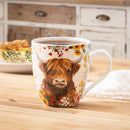 Hillside Pasture Coffee Cup Ceramic Cup O' Java, Floral Highland Cow, 17oz, Gift Box