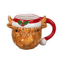 Holly Homestead Farm Highland Cow Coffee Cup Ceramic Sculpted, Christmas Hat
