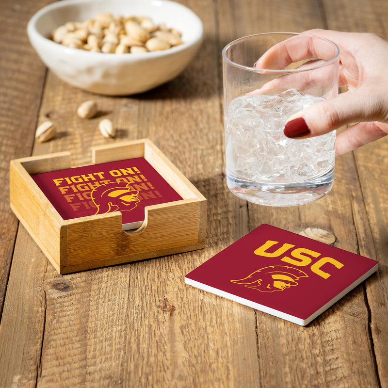 University of Southern California Ceramic Coasters Set, 4pcs with Wood Caddy