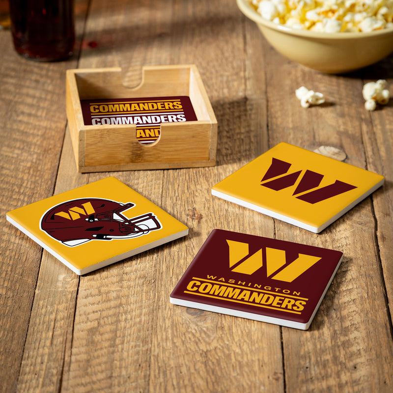 Washington Commanders Ceramic Coasters Set, 4pcs with Wood Caddy