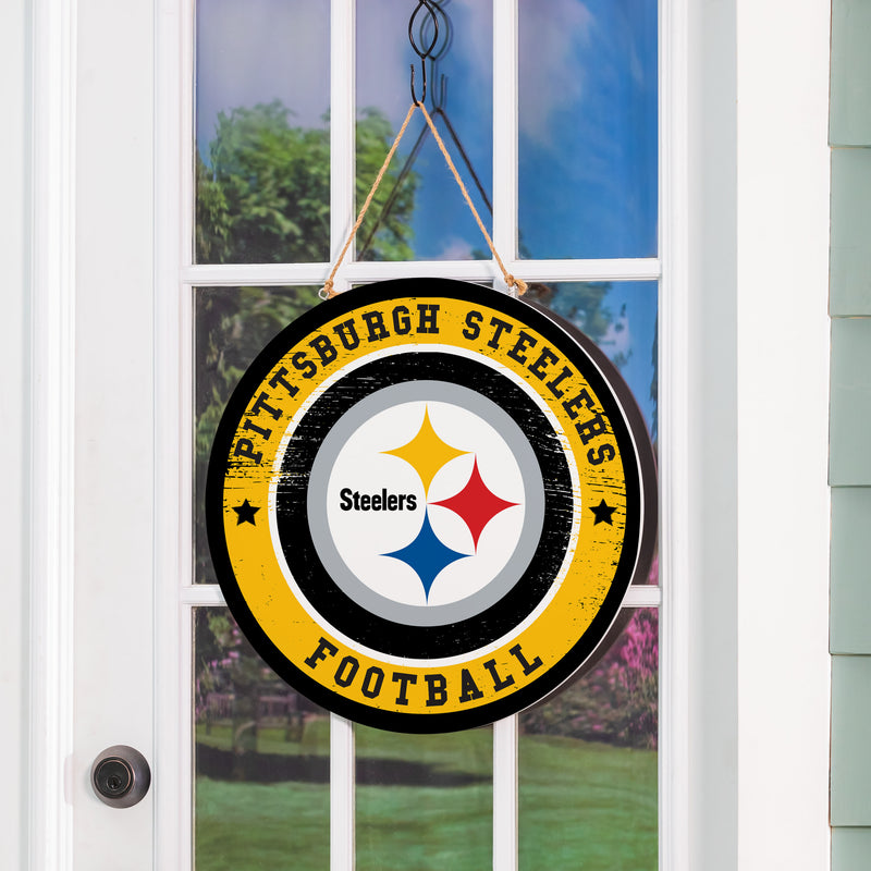 Pittsburgh Steelers Round Door Decor with Hanging Rope, 18x18