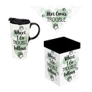 Hillside Pasture Pet Drinkware Gift Set Ceramic Travel Cup and Bandana, Dog Trouble, 17oz, Gift Box