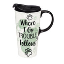 Hillside Pasture Pet Drinkware Gift Set Ceramic Travel Cup and Bandana, Dog Trouble, 17oz, Gift Box