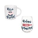 Just for Laughs Drinkware Gift Set Ceramic Cup and Stemless Wine Glass, "Relax" and "Rise"