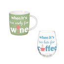 Just for Laughs Drinkware Gift Set Ceramic Cup and Stemless Glass, When it's too late, Gift Box
