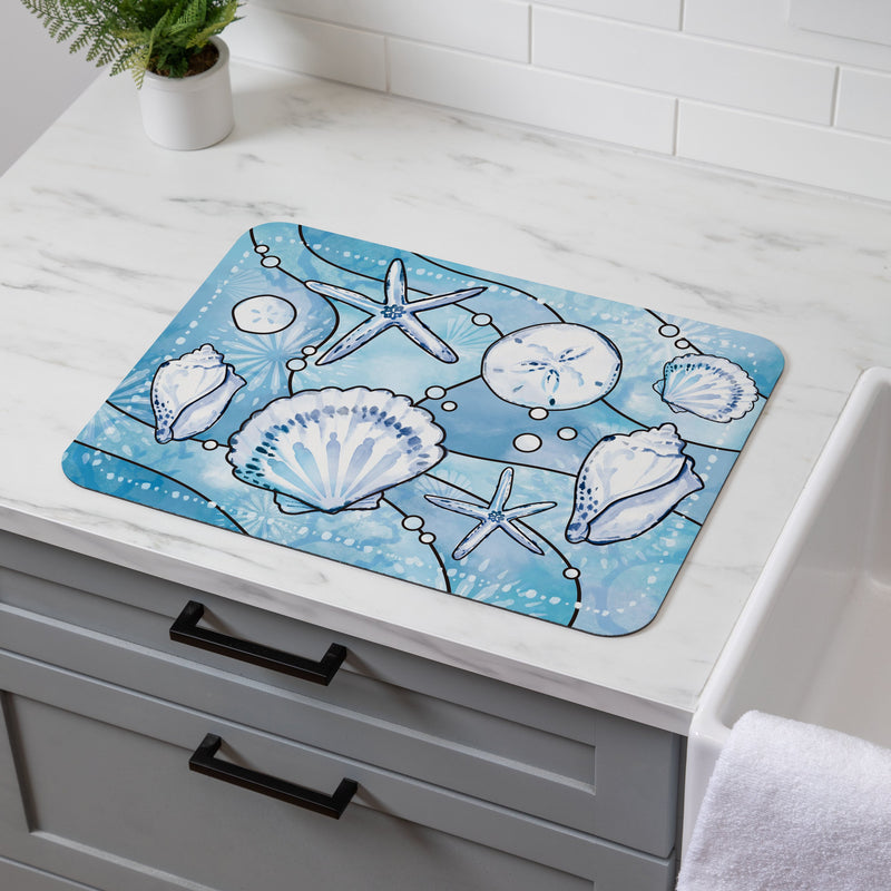 Blue Coastal Shells Drying Mat, Sea Illustration, 20"x15"