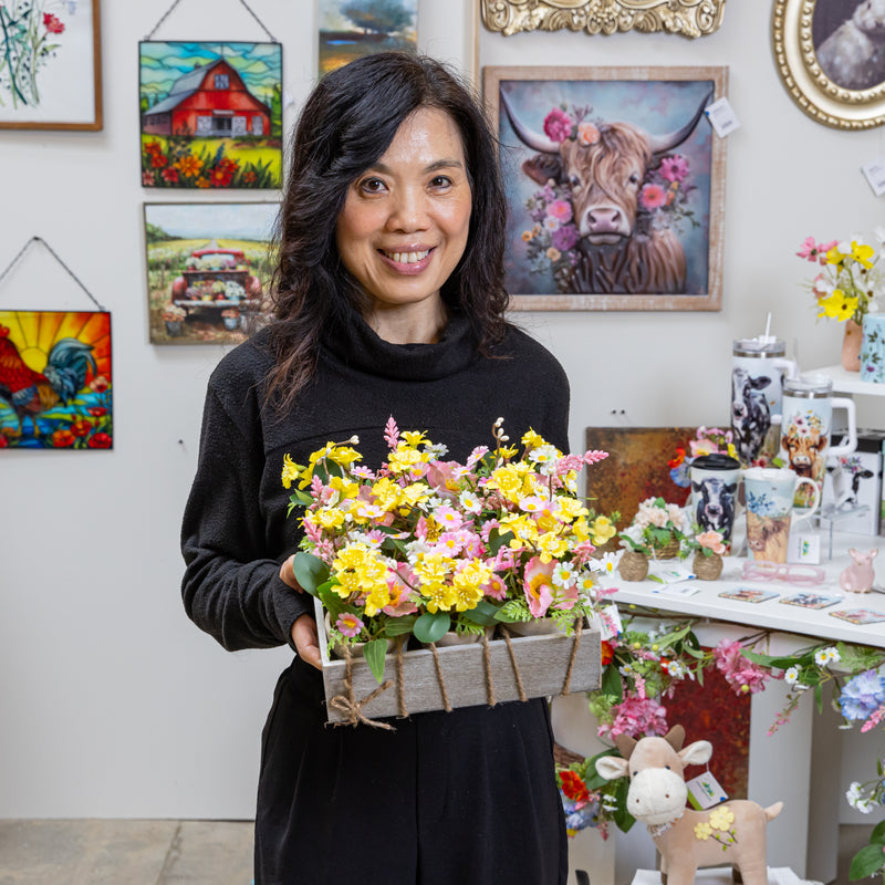 Petal & Plow Faux Floral Table Decor Artificial, 3.25"H, In Wood Tray