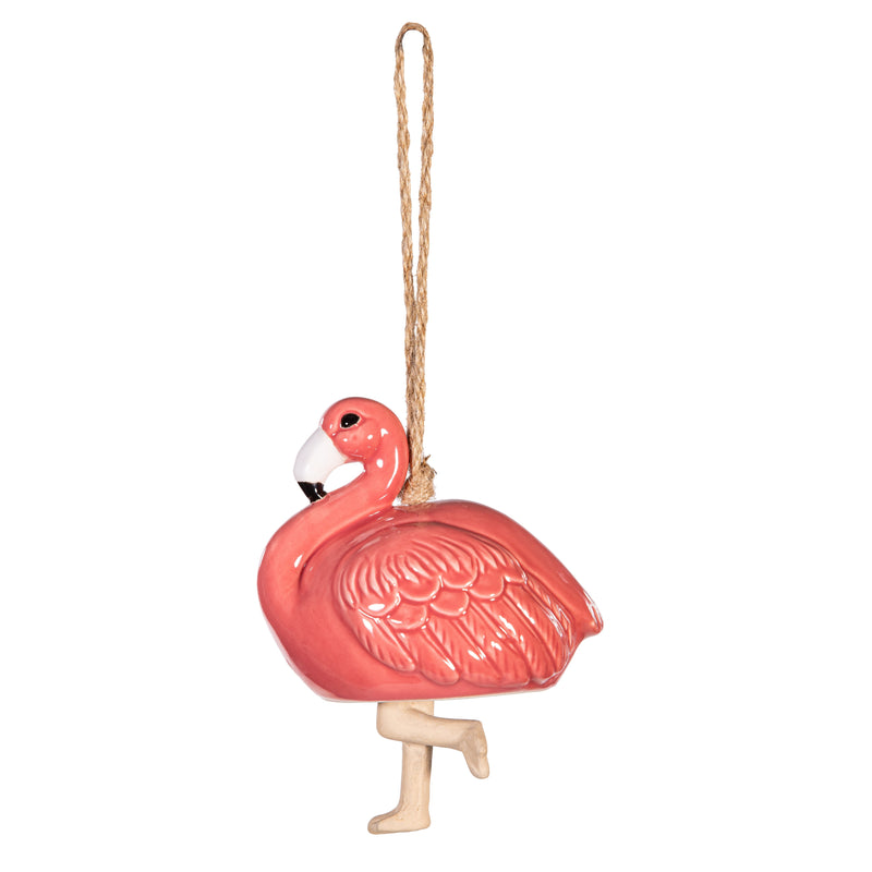 Palm Beach Garden Bell, Ceramic, Flamingo with Palm Tree Dangle, 8.5"