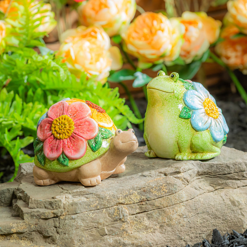 What She Shed Garden Statue, Ceramic Floral Frog & Turtle Statue, 2 Asst., 5"H
