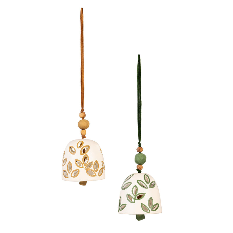 VivaStyle Garden Bell, Terracotta Leaf Bell with Beads, 14"H,  Asst of 2