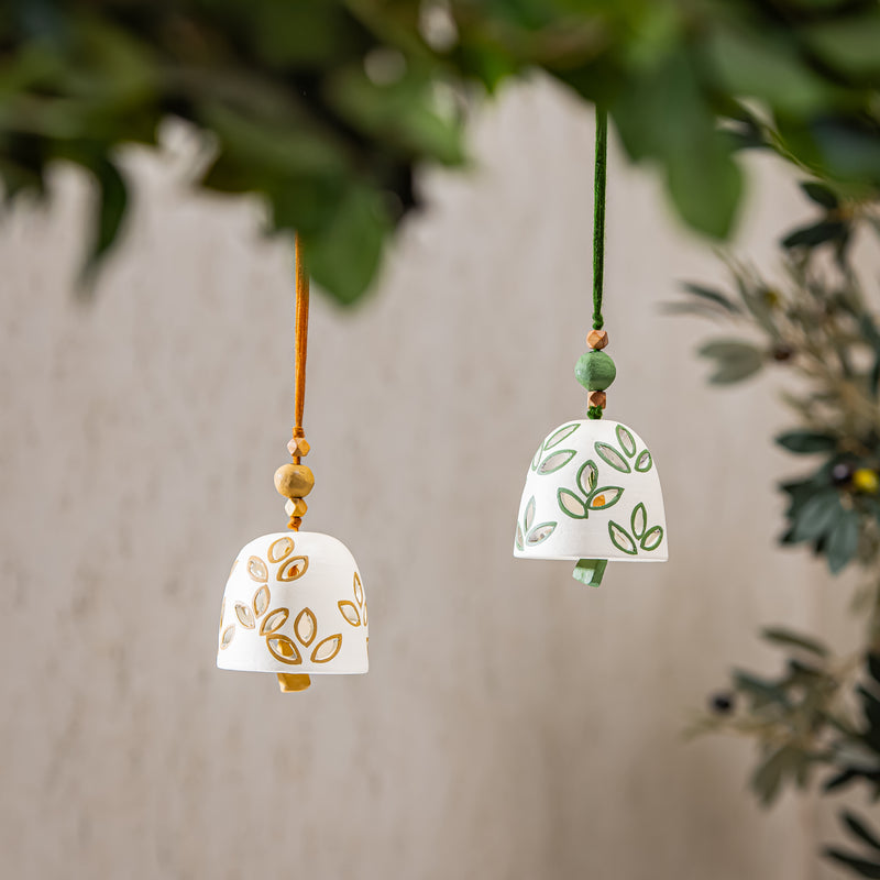 VivaStyle Garden Bell, Terracotta Leaf Bell with Beads, 14"H,  Asst of 2