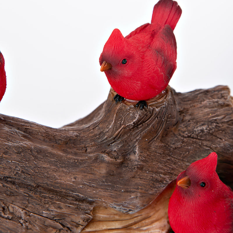 Memorial Garden Statue, Solar Cardinal Family On Wooden Log, 5"H