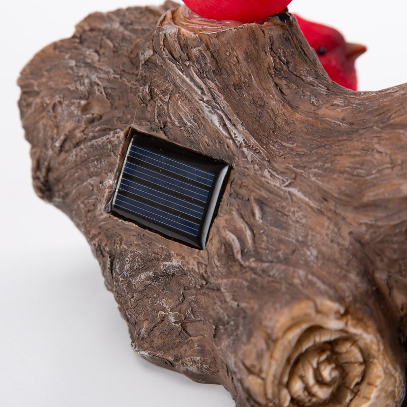 Memorial Garden Statue, Solar Cardinal Family On Wooden Log, 5"H