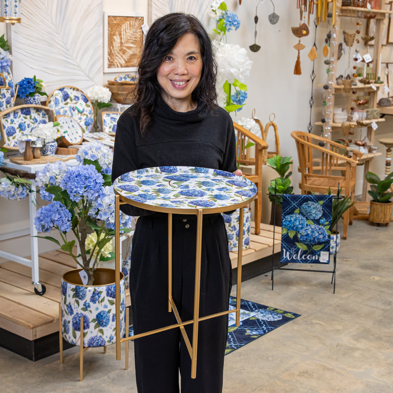 VivaStyle Outdoor Side Table, Printed Metal Side Table, Hydrangea, 19"H