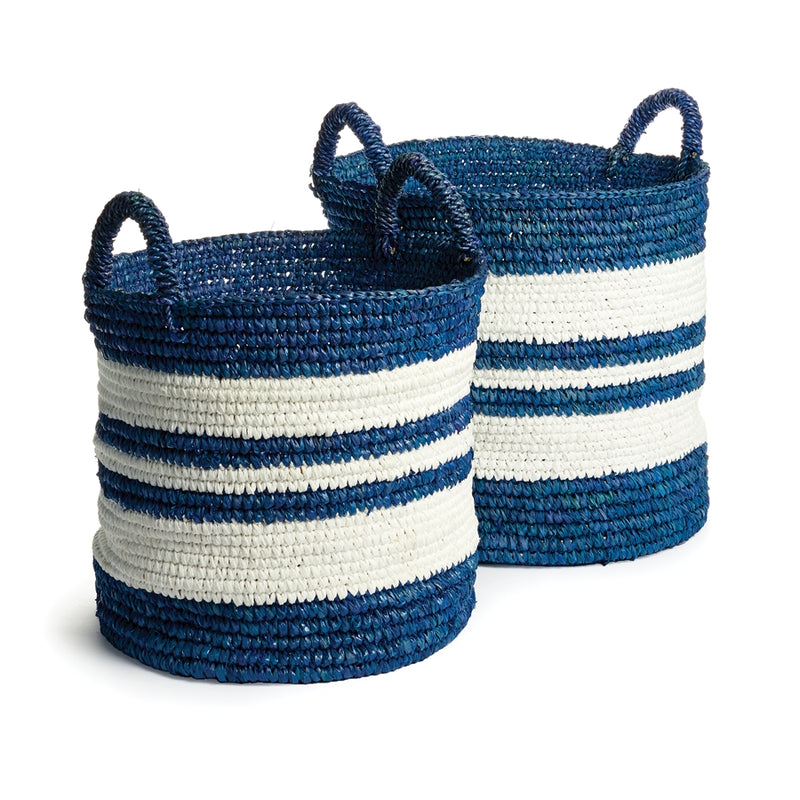 Napa Home Collection Laundry Cotton Basket , White Home Decor Gift ( Marina Blue and Flag White Striped, Set of 2)