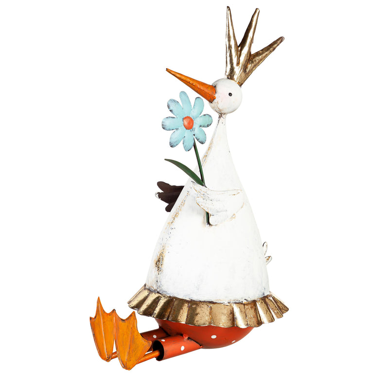 Metal Duck Holding Flower Statuary