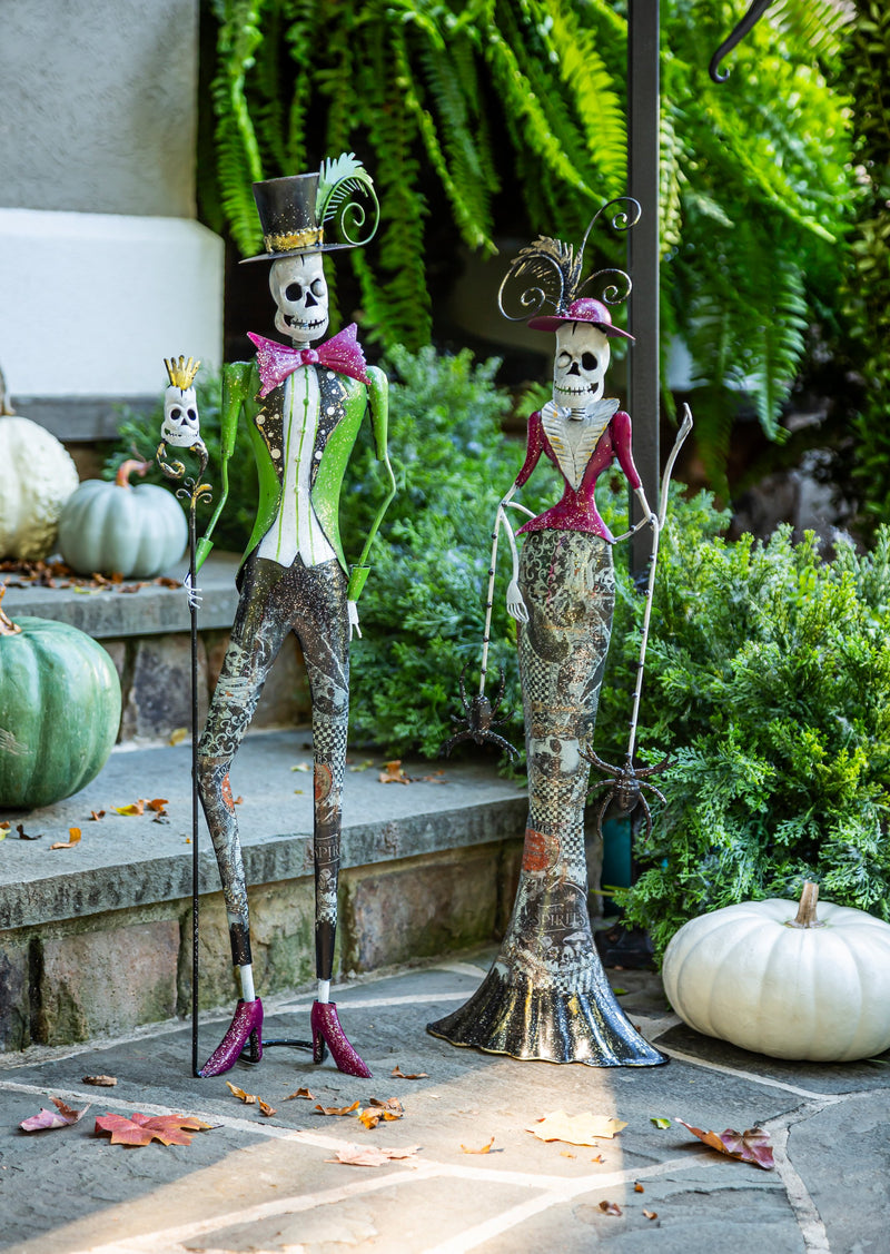 Metal Skeleton Man with Top hat Statuary/Woman with Spiders Statuary Set of 2,phc299