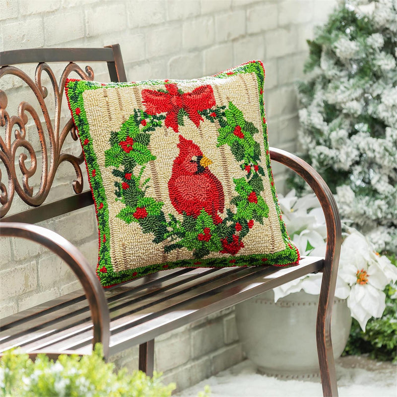 Indoor/Outdoor Hooked Pillow, Polypropylene, Cardinal Joy, 18"x18"