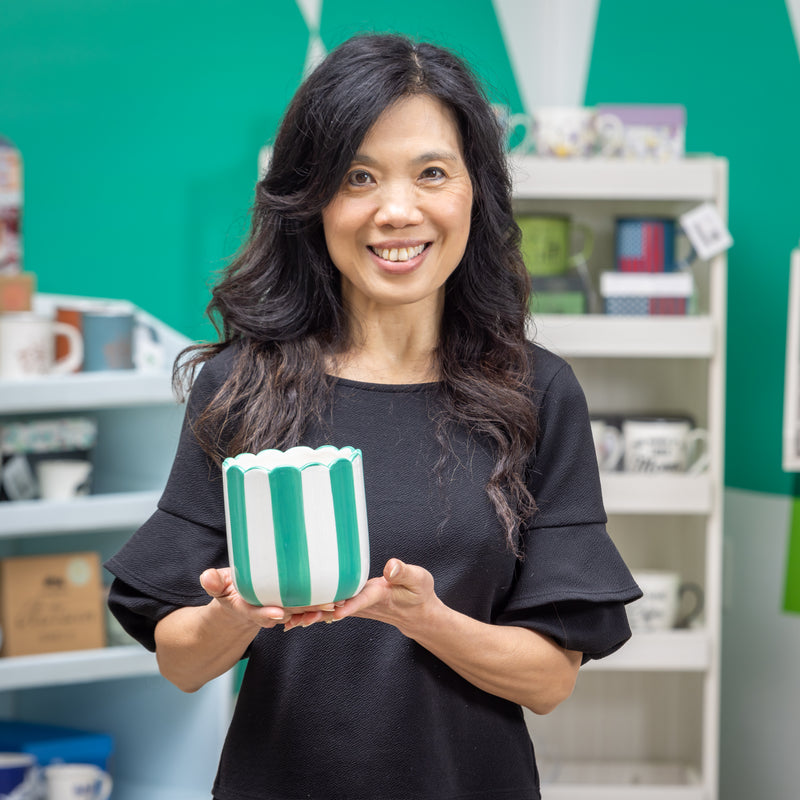 Palm Beach Planter, Ceramic Scalloped Green and White Stripe