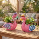 Tropical Oasis Planter, Metal Flamingo with Hat, 2 Asst