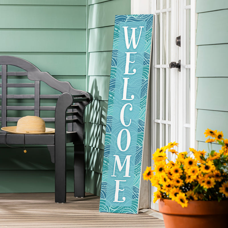 Blue Coastal Make Waves Porch Leaner, "Welcome", 46"H